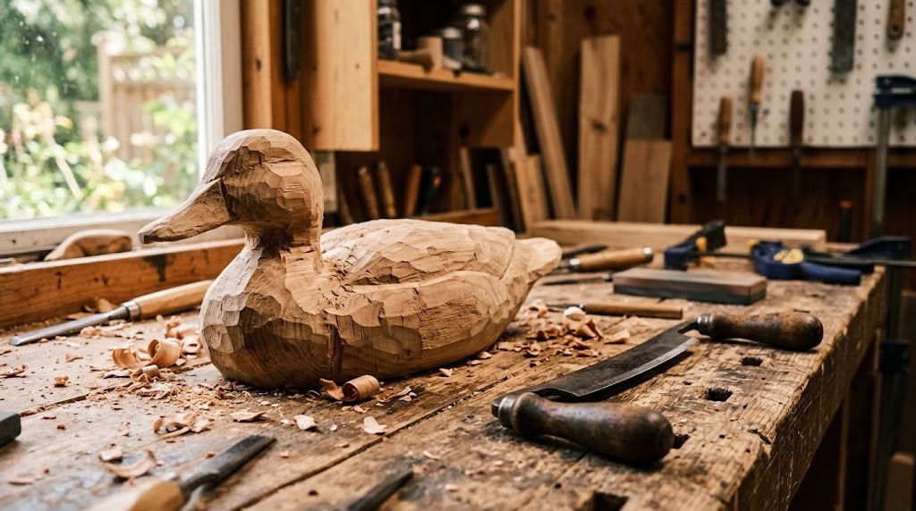 Half-carved wooden duck decoy with a drawknife on a bench