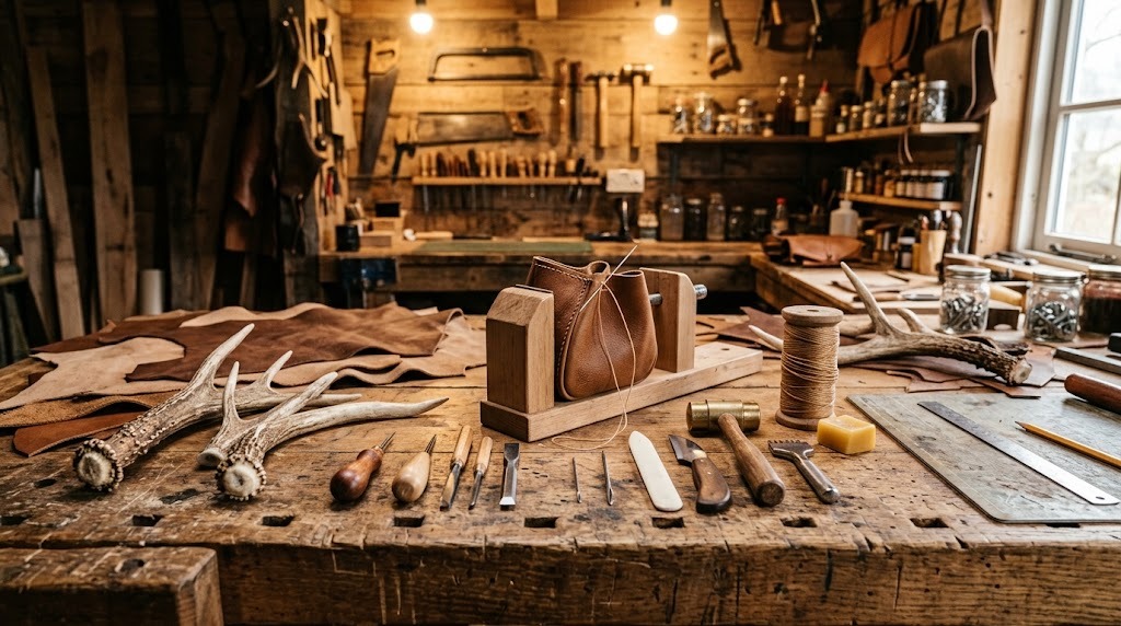 A workbench with deer leather, antler pieces and hand tools