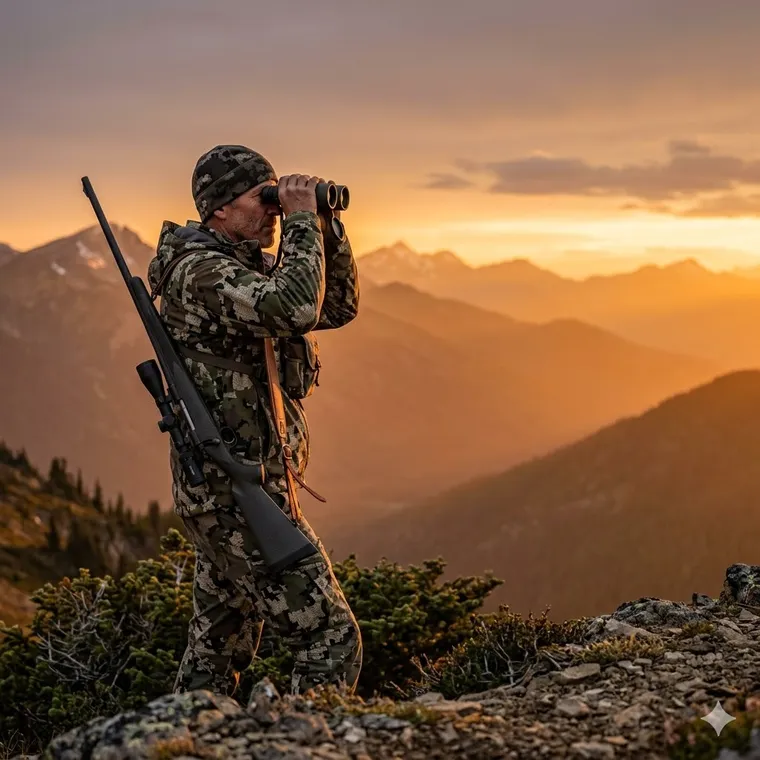 Hunter glassing a ridge at sunset