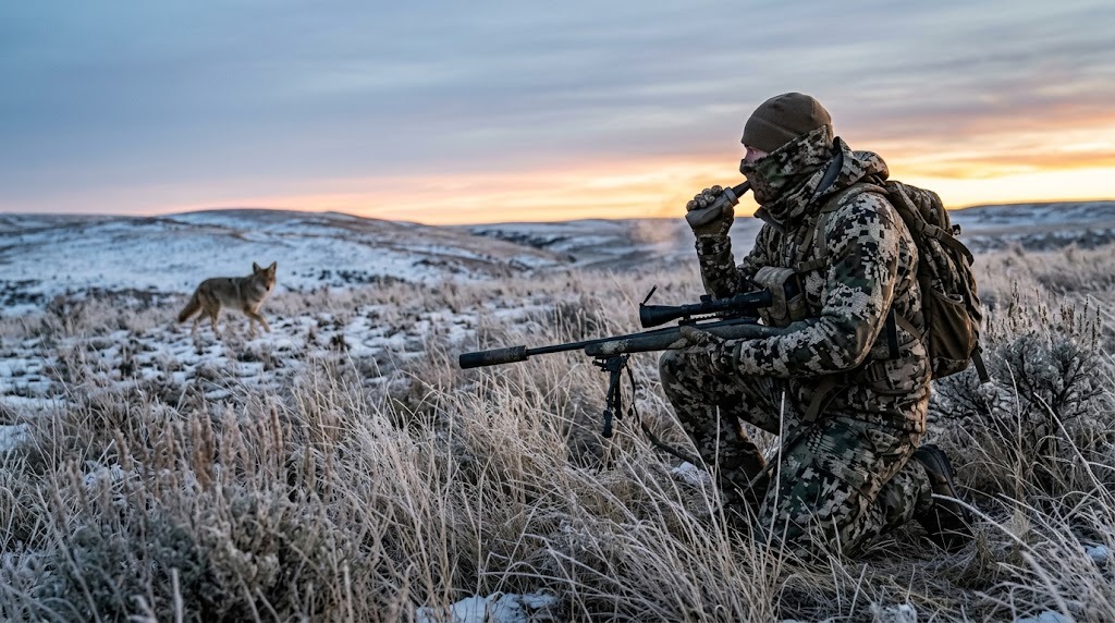 A predator hunter calling at dusk
