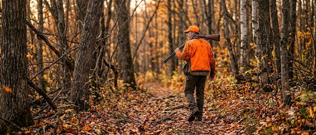 A small-game hunter walking an autumn woodlot