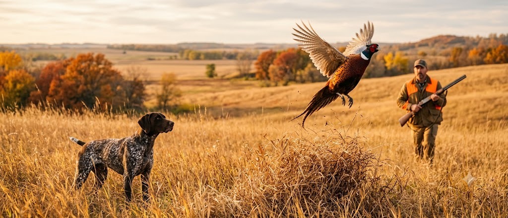 A pheasant flushing ahead of a pointing dog
